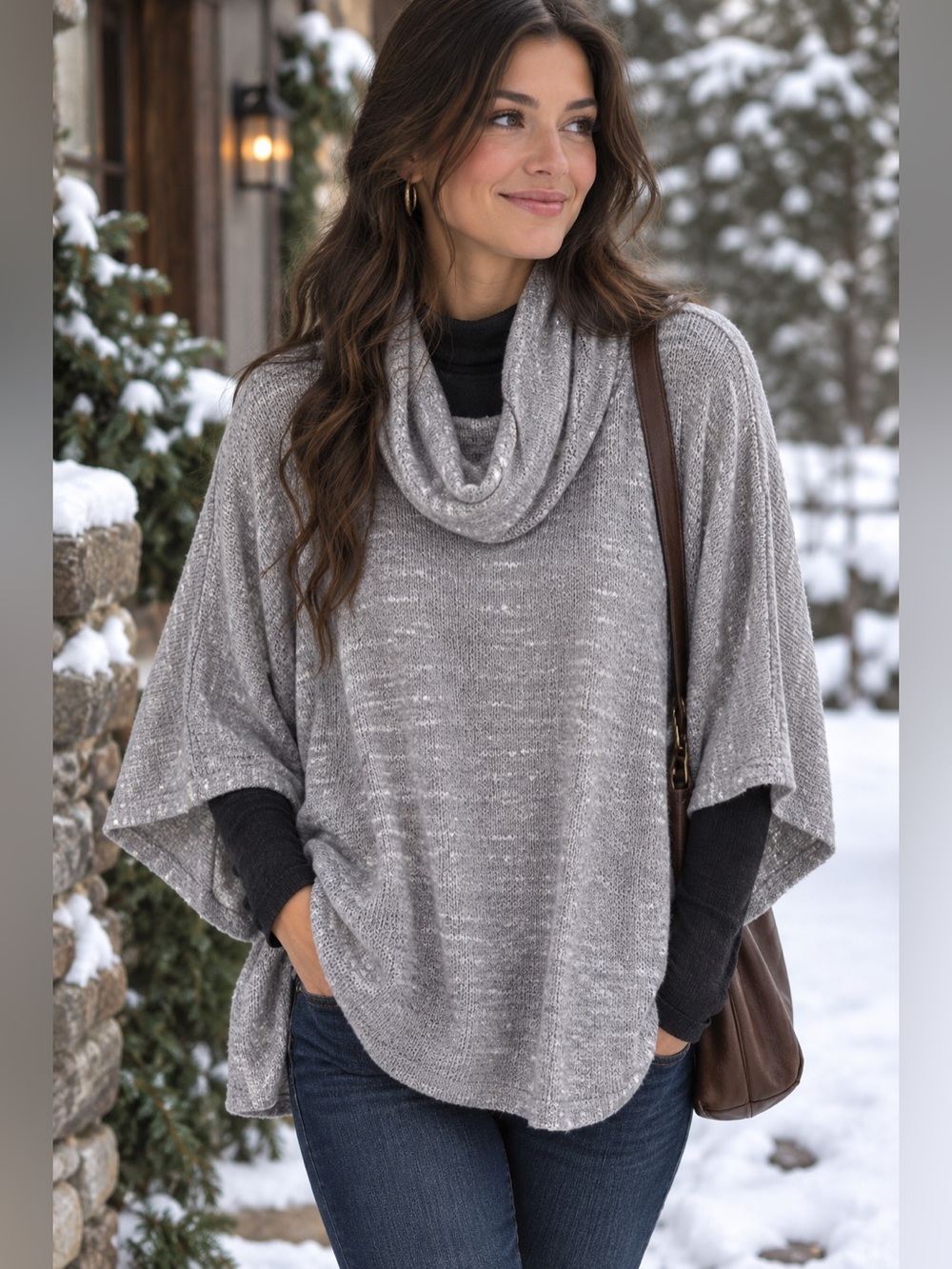 new directions Heathered Light Gray Cowl Neck Sweater Poncho